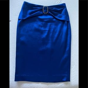 Vintage Bebe Blue Satin Pencil Skirt with Embellished Buckle, Size 0, Pr…